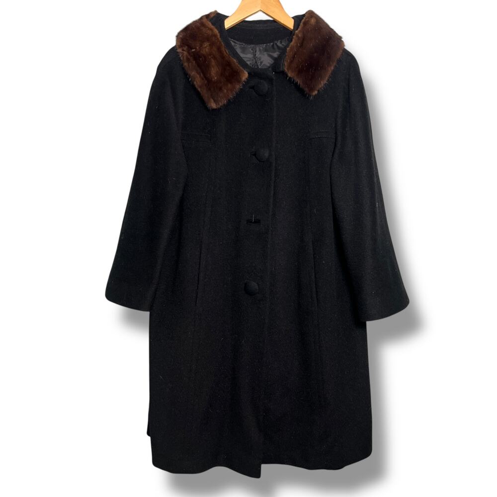 Vintage 60s Wool Swing Coat Black Mink Fur Collar Lined Size Large Camel Hair(?)